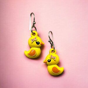 Yellow Duck Dangle Earrings Metal Ducklings Pink Bow Hooks 1 3/8"